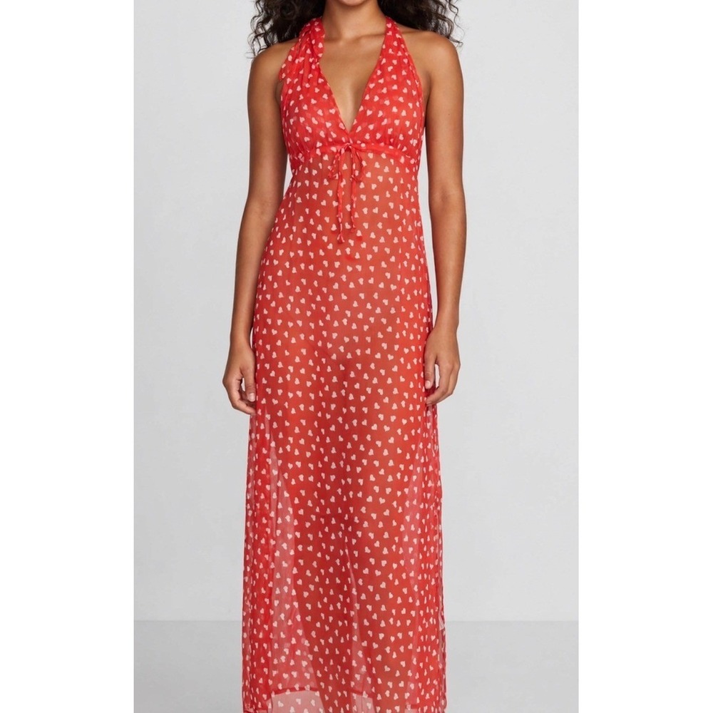 Brave Soul London Red Sheer Maxi Halter Dress Sz XS Festival Valentine Sexy NWT